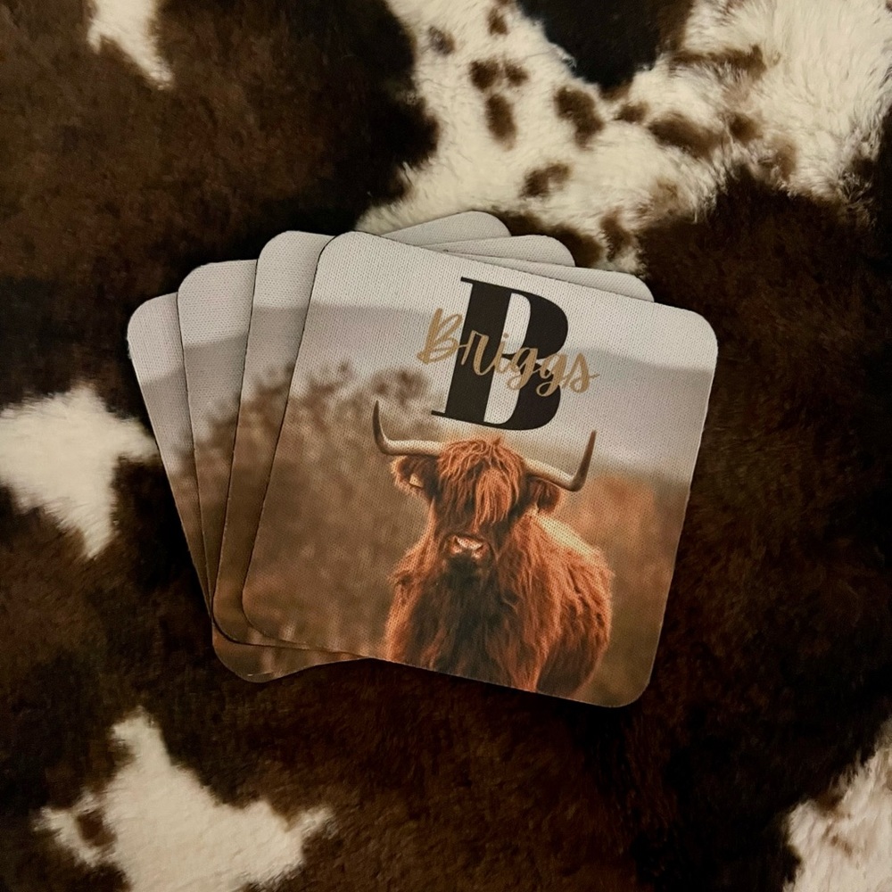 Personalized coaster sets Aztec, highland cow, cross